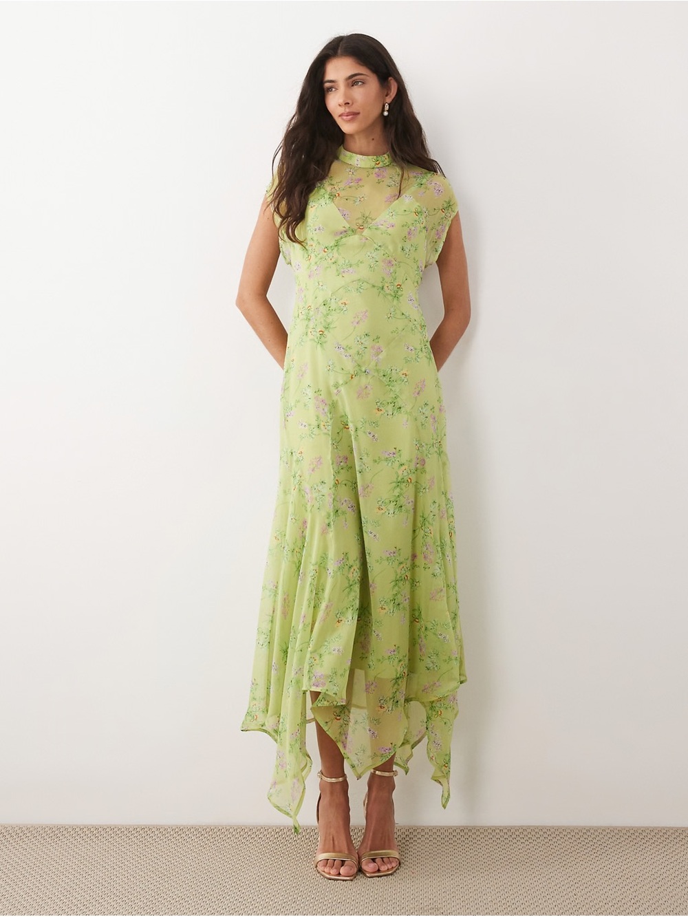 ASOS Lime Green Floral Asymmetrical Mesh Dress